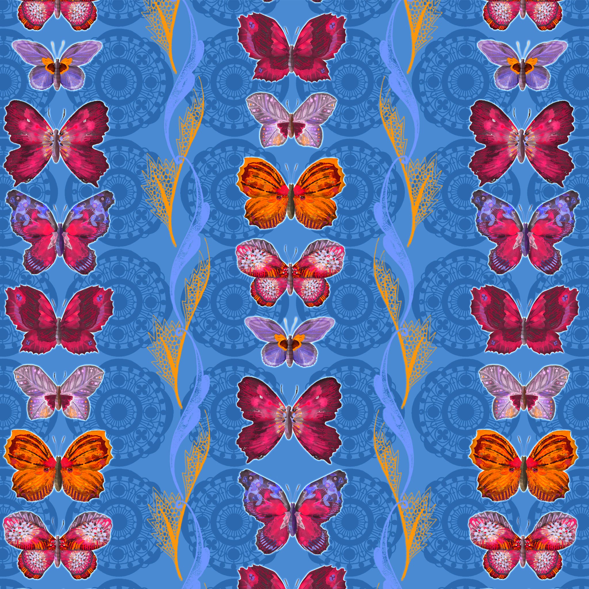 Pattern of colorful butterflies on a blue background 