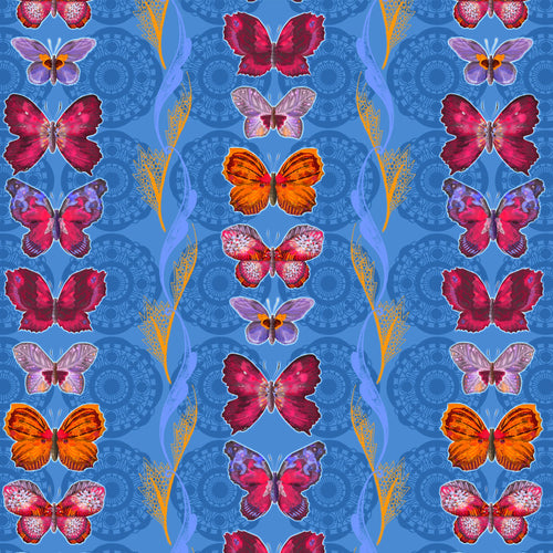 Pattern of colorful butterflies on a blue background 