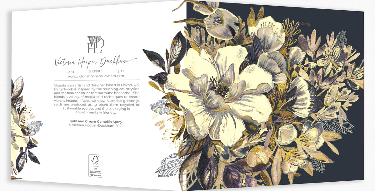 Greetings Card - "Gold and Cream Camellia Spray"