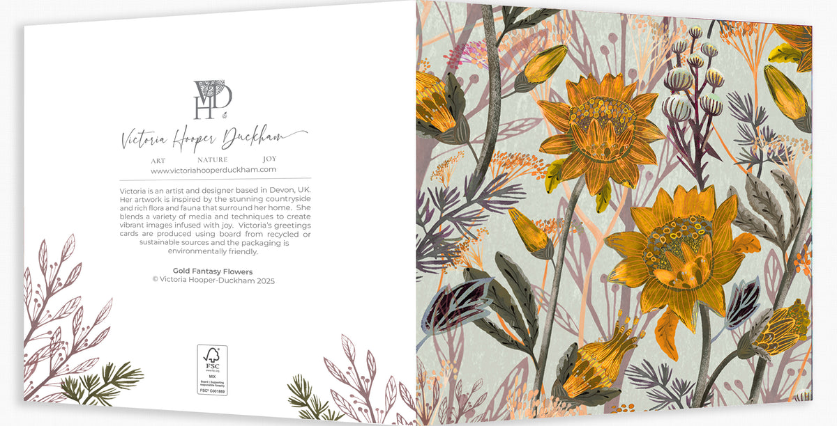Greetings Card - "Gold Fantasy Flowers"