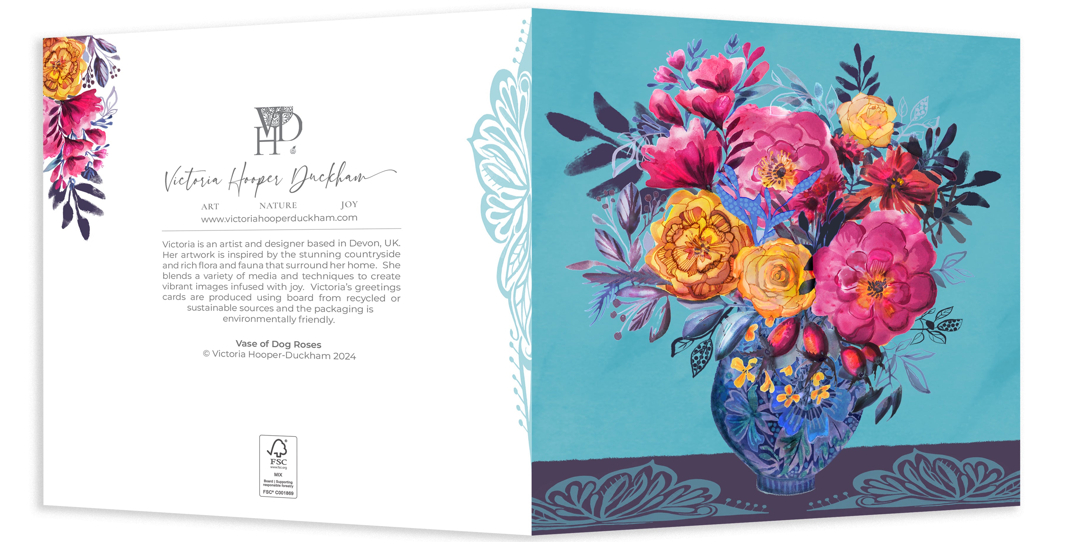Greetings Card - "Vase of Dog Roses"